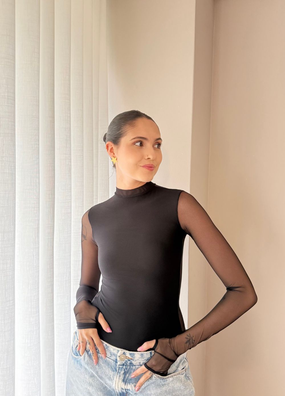 Body Mesh Negro Mallatex con Forro Delantero y Espalda Transparente Nara