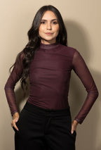 Camibuzo Mesh con mangas en transparencia Vino tinto