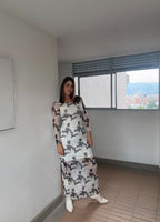 Vestido mesh largo manga larga blanco mármol Audaz