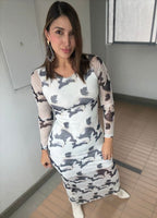 Vestido mesh largo manga larga blanco mármol Audaz