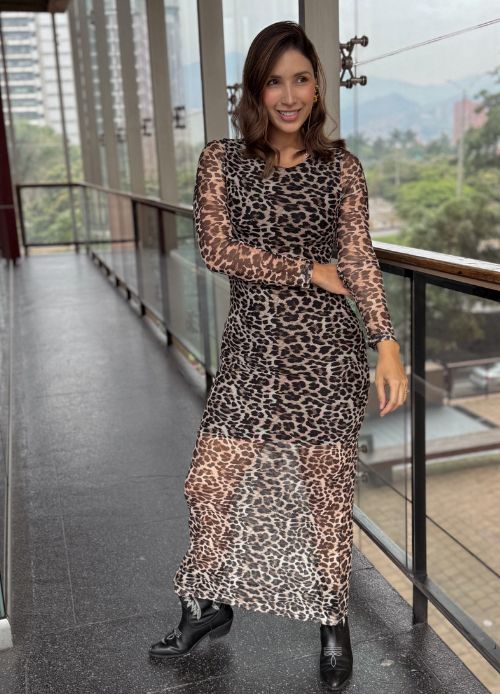 Vestido mesh largo manga larga audaz animal print