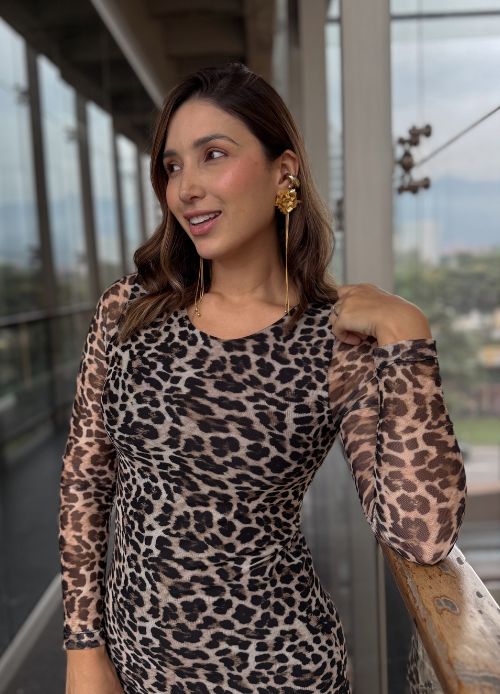 Vestido mesh largo manga larga audaz animal print