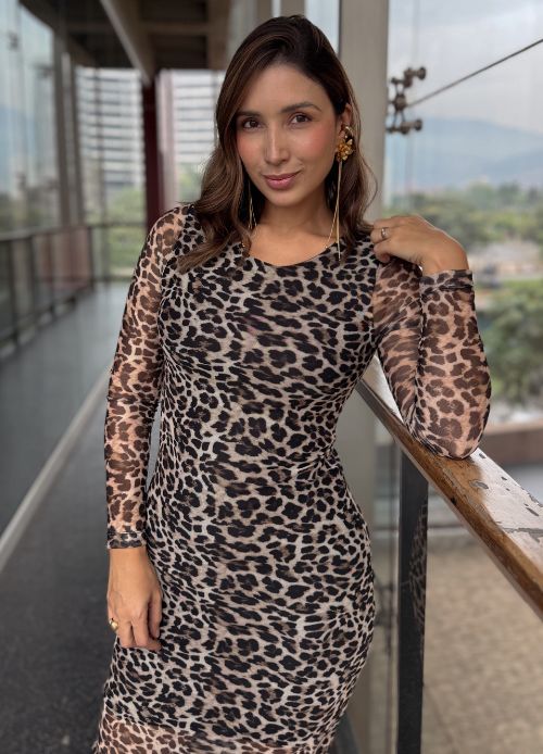 Vestido mesh largo manga larga audaz animal print