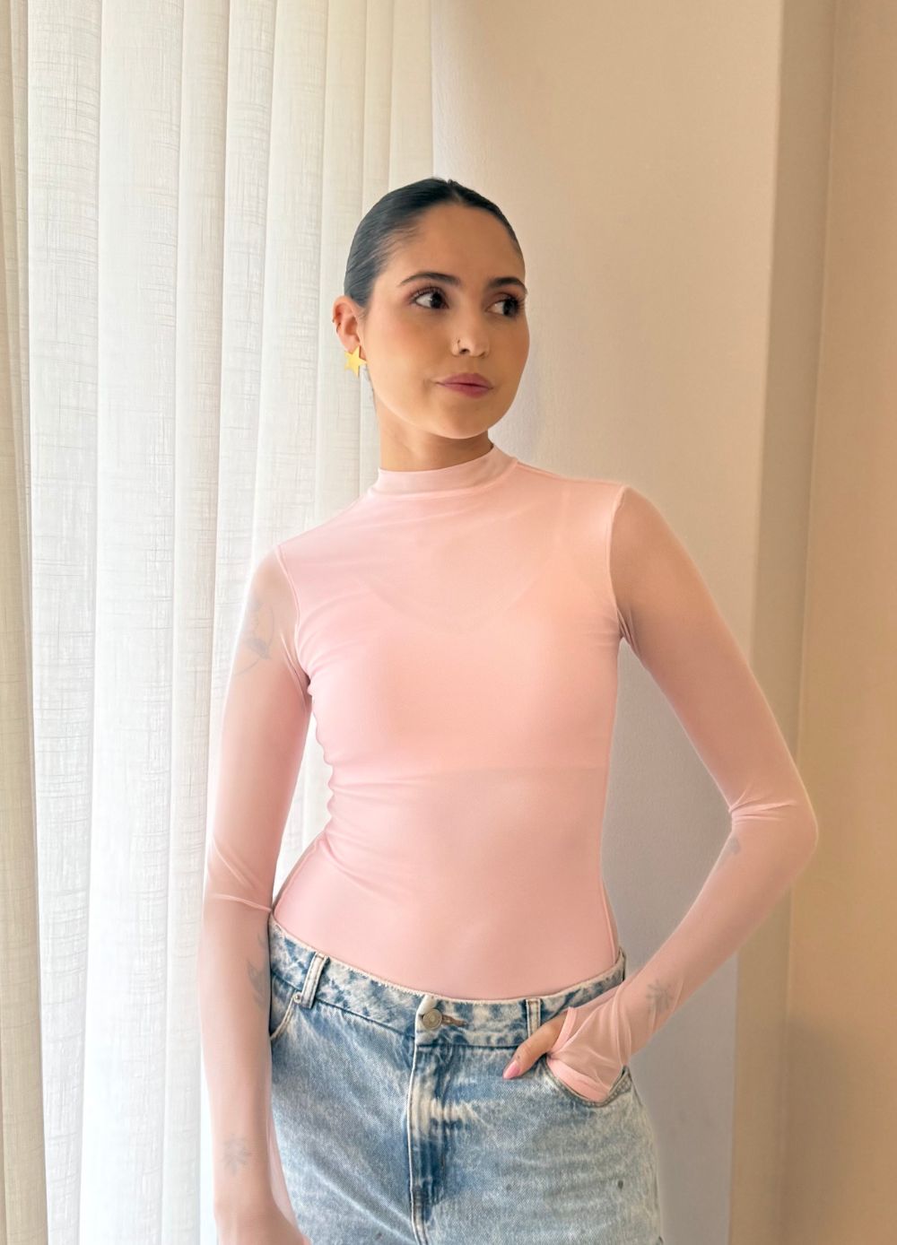 Body Mesh Rosa Pastel Mallatex con Forro Delantero y Espalda Transparente Nara