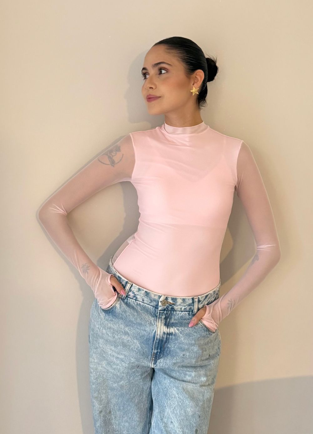 Body Mesh Rosa Pastel Mallatex con Forro Delantero y Espalda Transparente Nara