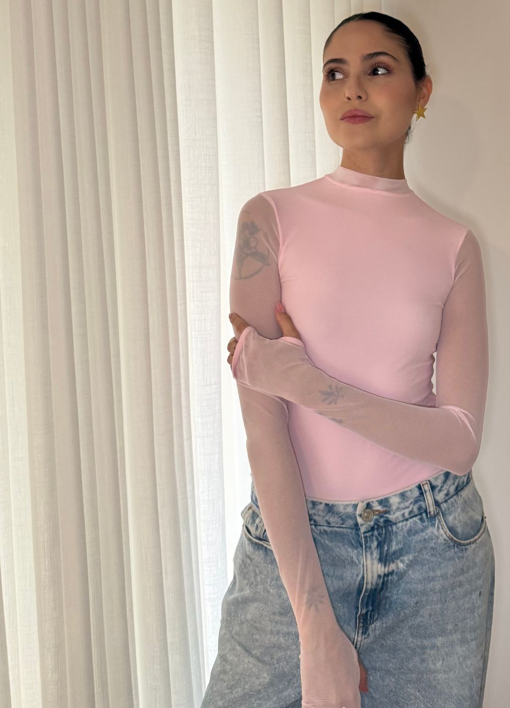 Body Mesh Rosa Pastel Mallatex con Forro Delantero y Espalda Transparente Nara