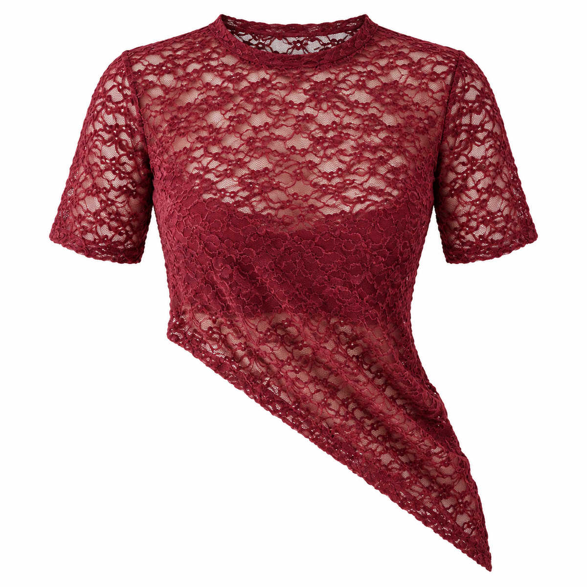 Camiseta Mila vinotinto de encaje floral con dobladillo asimétrico para mujer