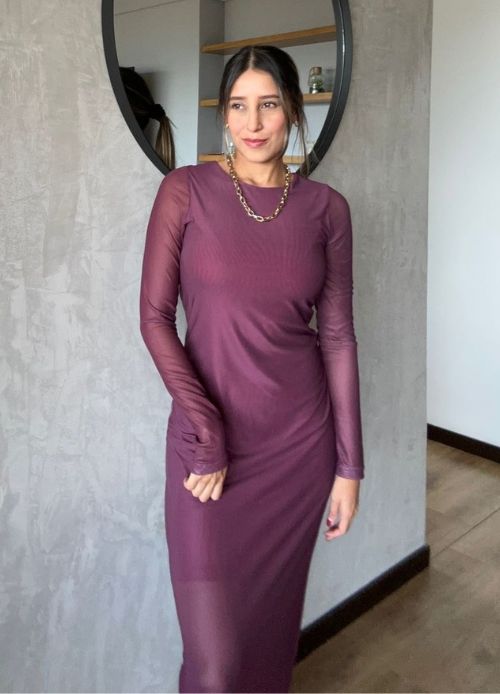 Vestido mesh largo manga larga vino tinto Audaz